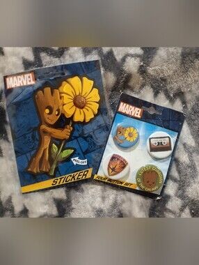 New Marvel Guardians of the Galaxy Baby Groot Sticker & Button Pin Set Bundle